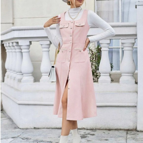 Flap Pocket Button Front Midi Dress Pink - Picture 5 of 6